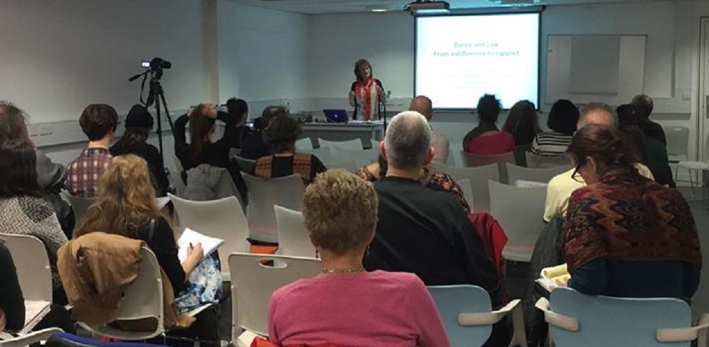 Photo of Charlotte Waelde speaking at Digital Echoes, Coventry